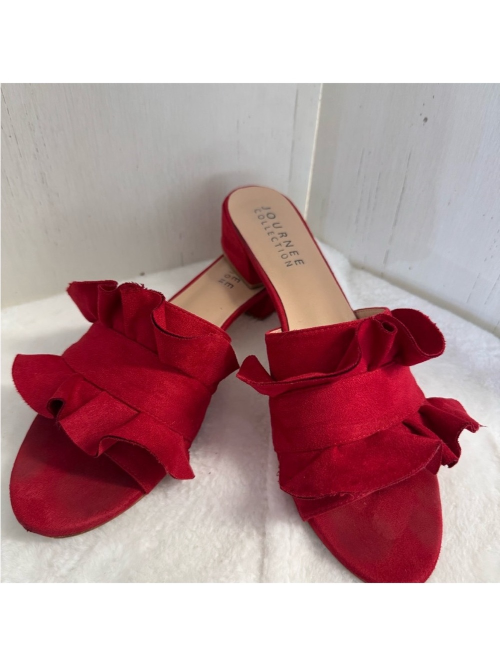 Journee Collection Red Ruffle Slide Mules Size 12